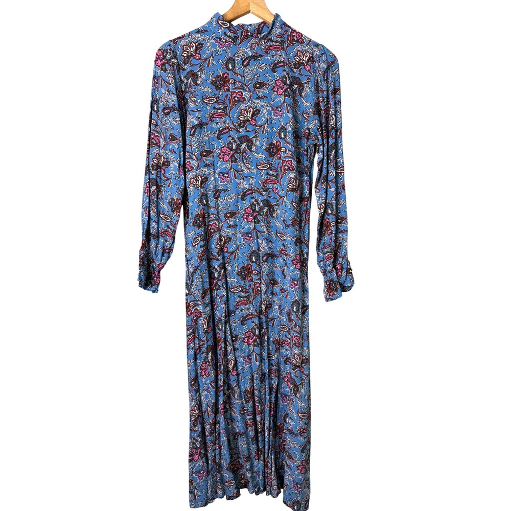 Boho Cottagecore Paisley Floral Midi Dress Blue Mock Neck Long Sleeve Womens 6